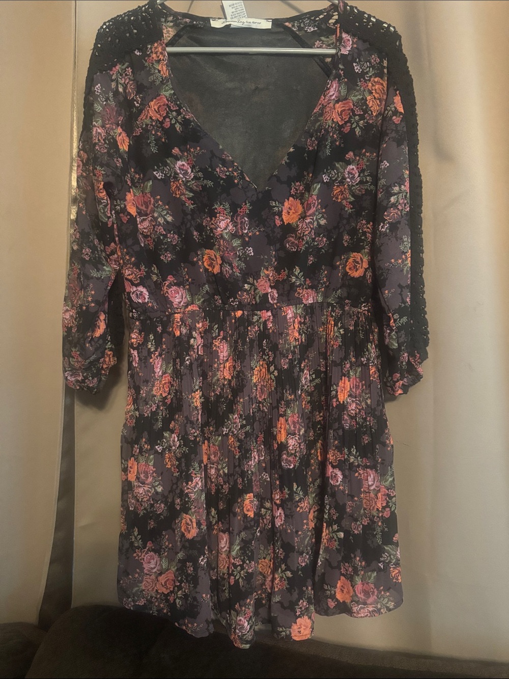 American Rag Black Floral V-Neck Mini Dress with Crochet Shoulders
